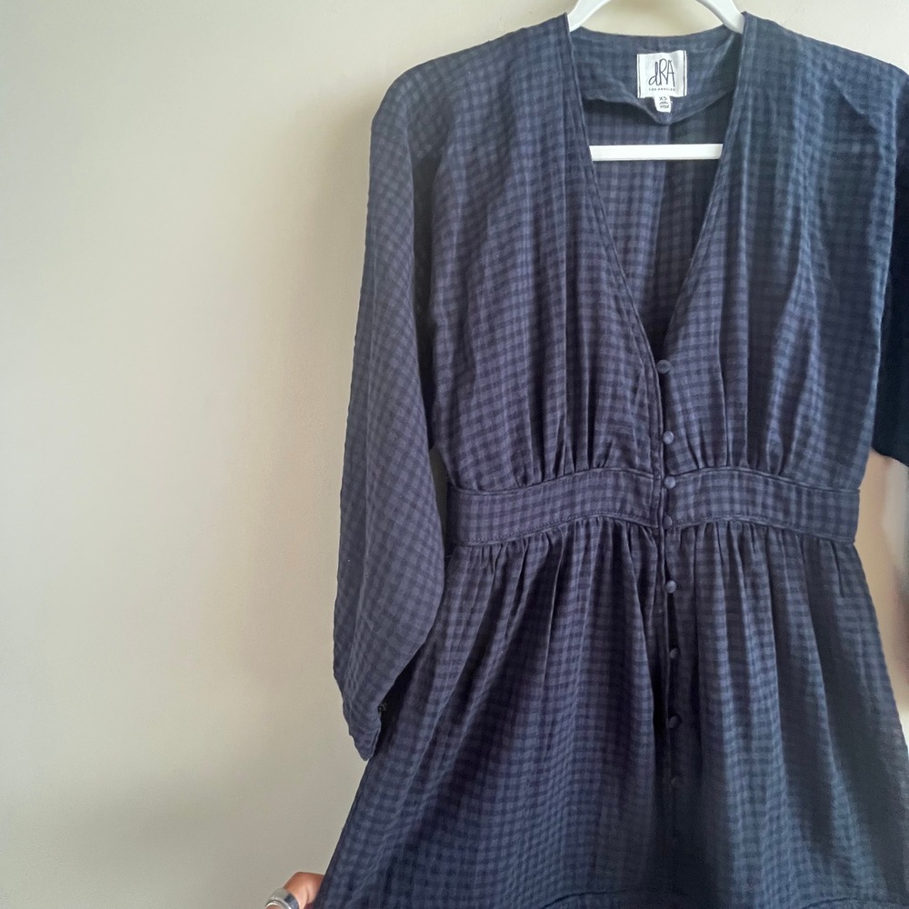 DRA Los Angeles Navy Gingham Tiered Midi Dress XS Button Front Balloon Sleeve